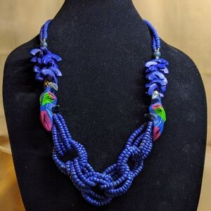 Parrot Bird Bright Blue Wood Bead Statement Necklace Tropical